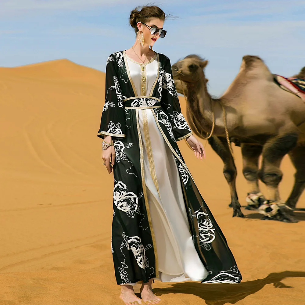 Рамадан открытая абайя кимоно турецкий мусульманский комплект арабское длинное платье ИД абайя s для женщин Дубай вечерние платья Caftan Marocain