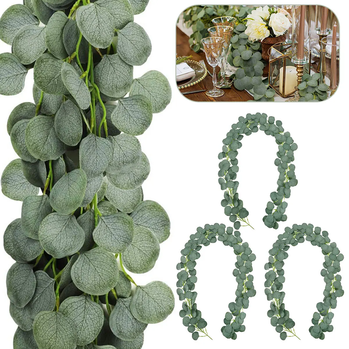 

3Pcs Artificial Eucalyptus Garland 5.9 FT Flexible Faux Greenery Garland Lifelike Easy Care Hanging Fake Vines Backdrop Wall