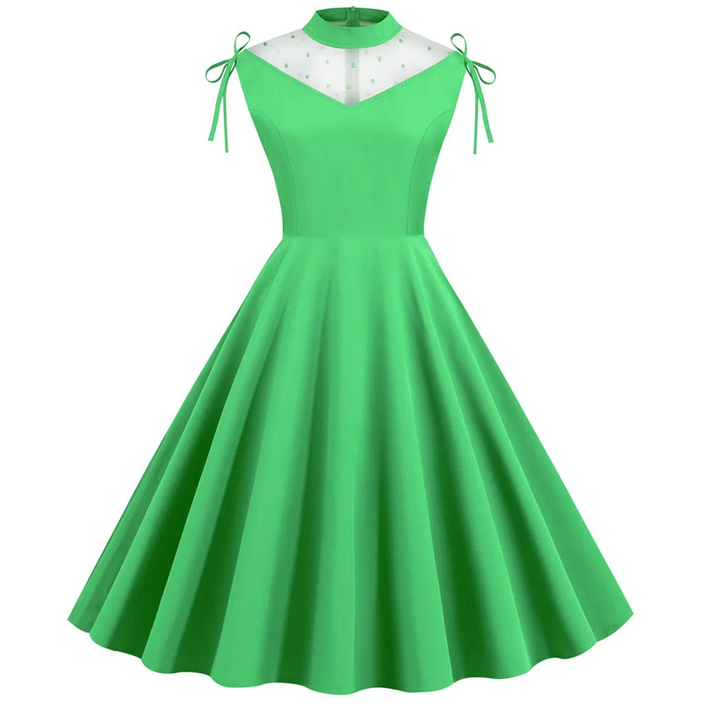 

Women Vintage Lace Patchwork Sleeveless 1950s Housewife Evening Party Prom Dress Women Lounge Dresses