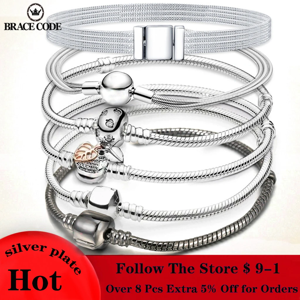 

BRACE CODE Hot Sale Silver Plated Bracelet Fit Original Design Beads Charms Bangle DIY Jewelry Making Gift For Women
