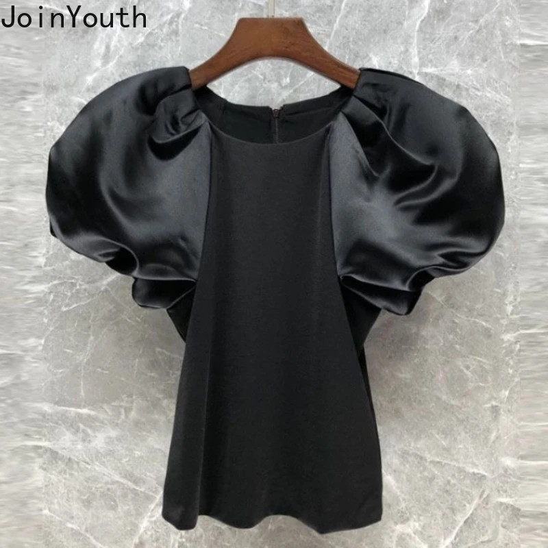 Блузка женская с пышными рукавами и круглым вырезом облегающая в Корейском стиле