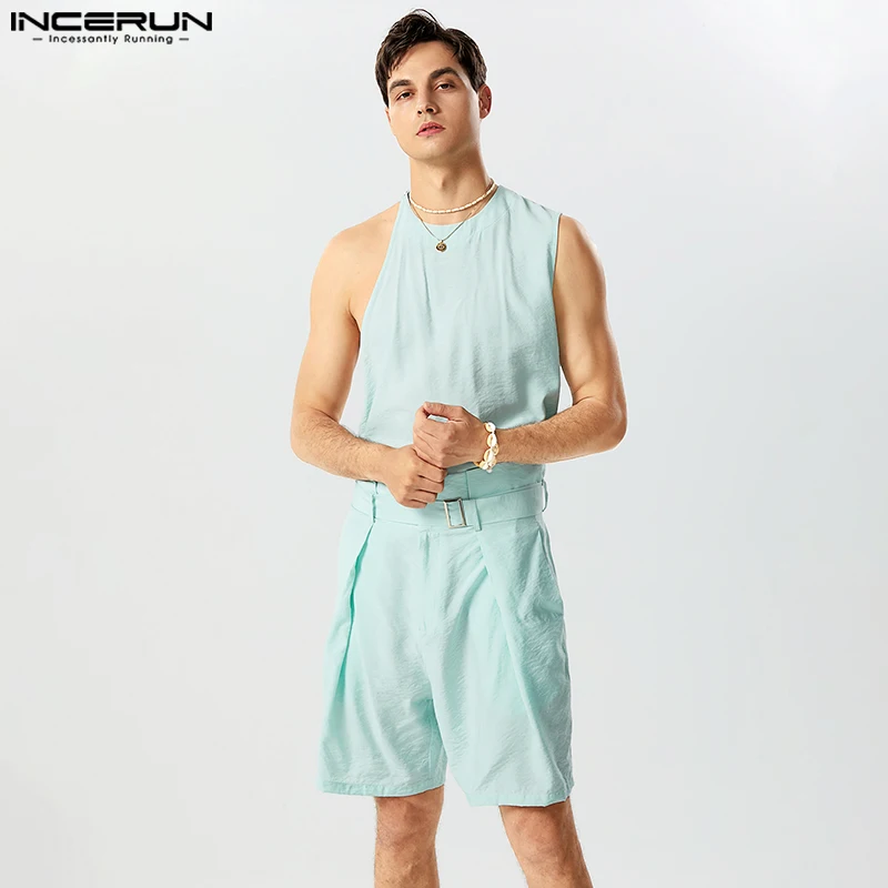 

INCERUN 2023 красивые новые мужские комплекты в американском стиле, однотонные полосатые дизайнерские полые жилеты и брюки, Повседневная Уличная одежда, комплект из двух предметов