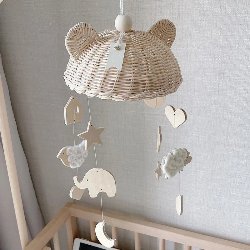 INS Baby Rattan Rattles Crib Mobiles Toy Elephant Bed Bell 0-12 Month Wooden Animals For Room Decor Photography Props