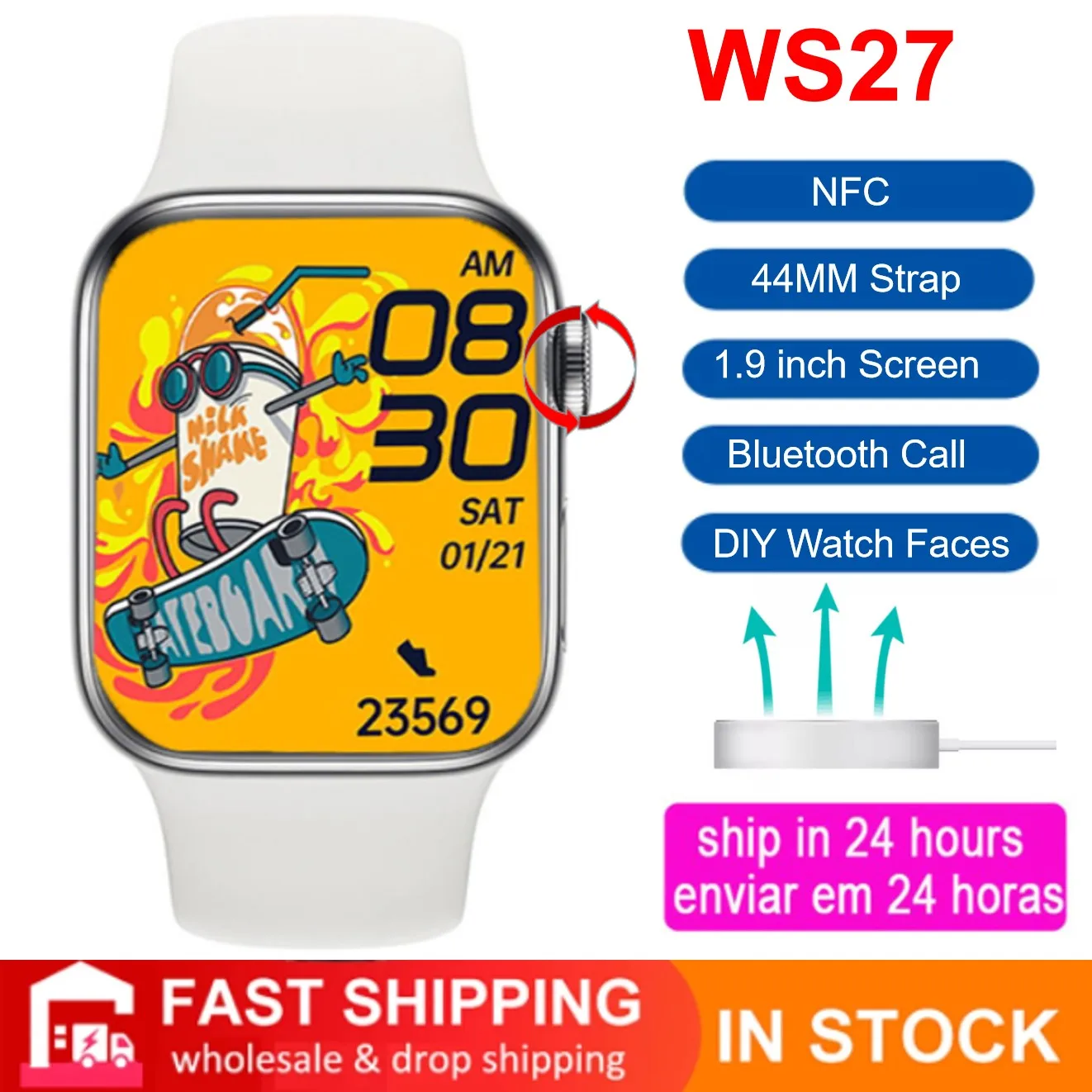 Смарт-часы WS27 NFC с пульсометром для мужчин и женщин часы подарок 44 мм ремешок