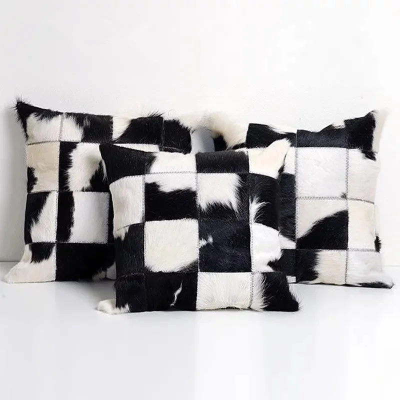 Black and White Cowhide Pillowcase Real Cow Leather Pillow Case 45x45cm