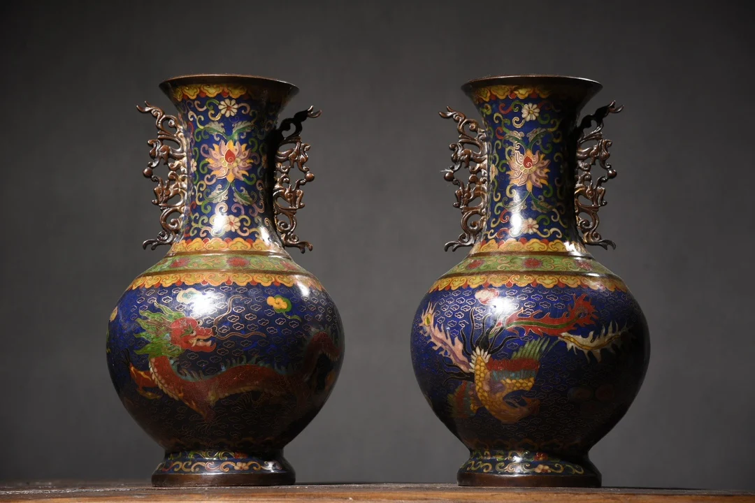 

14"Tibetan Temple Collection Old Purple Bronze Cloisonne Dragon and Phoenix Dragon Ear Vase pair Appreciate Bottle Town House