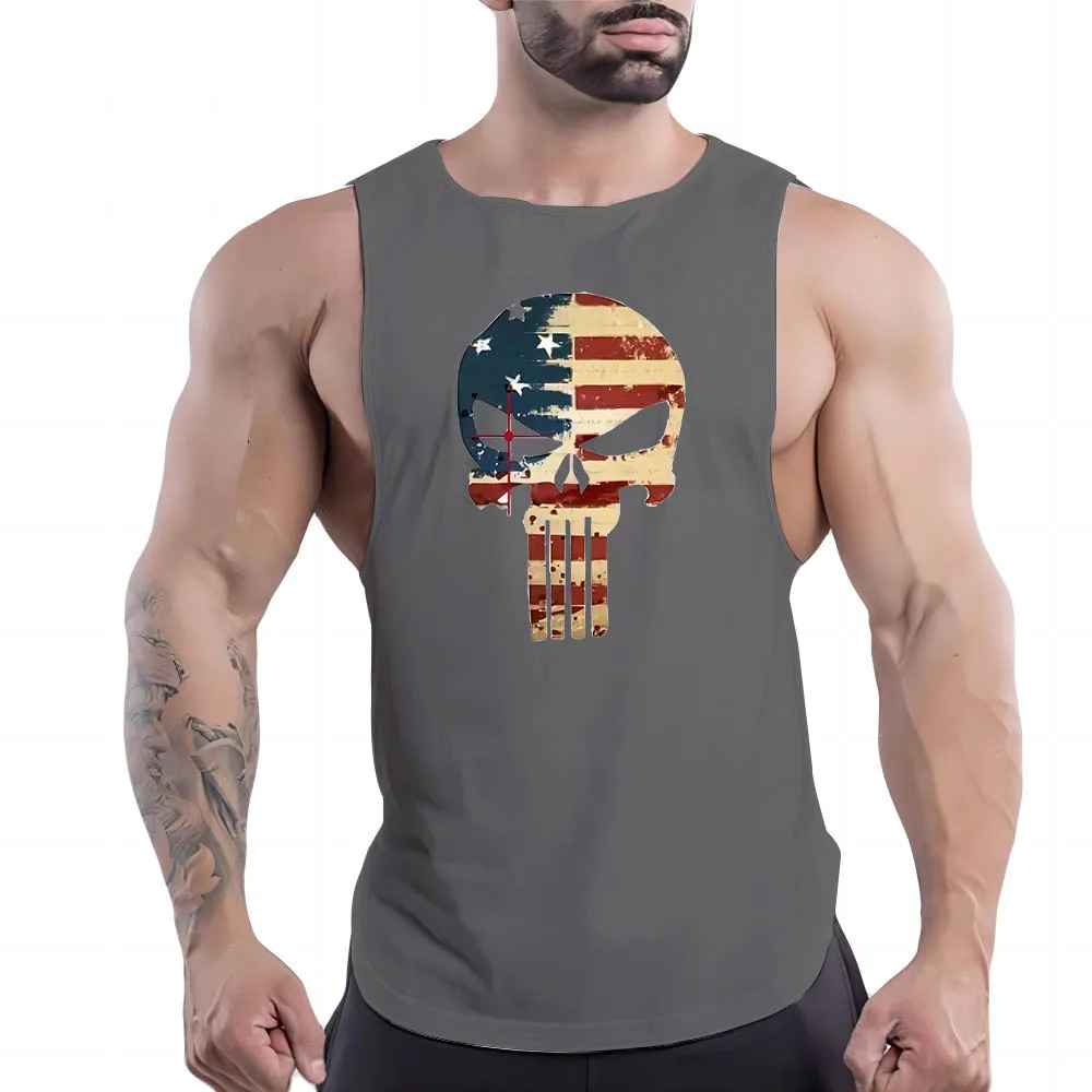 

Four Seasons Outdoor Fitness Leisure Sports Adult Men O Collar Vest Horror Skull Pattern 2d Printed Youth Trend Sleeveless Shirt