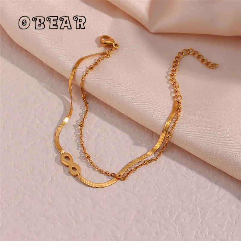 

Fashion Simple Geometric Symbol Double Layer Blade Chain Bead Chain Bracelet for Women Girl Stainless Steel 18k Gold Plated