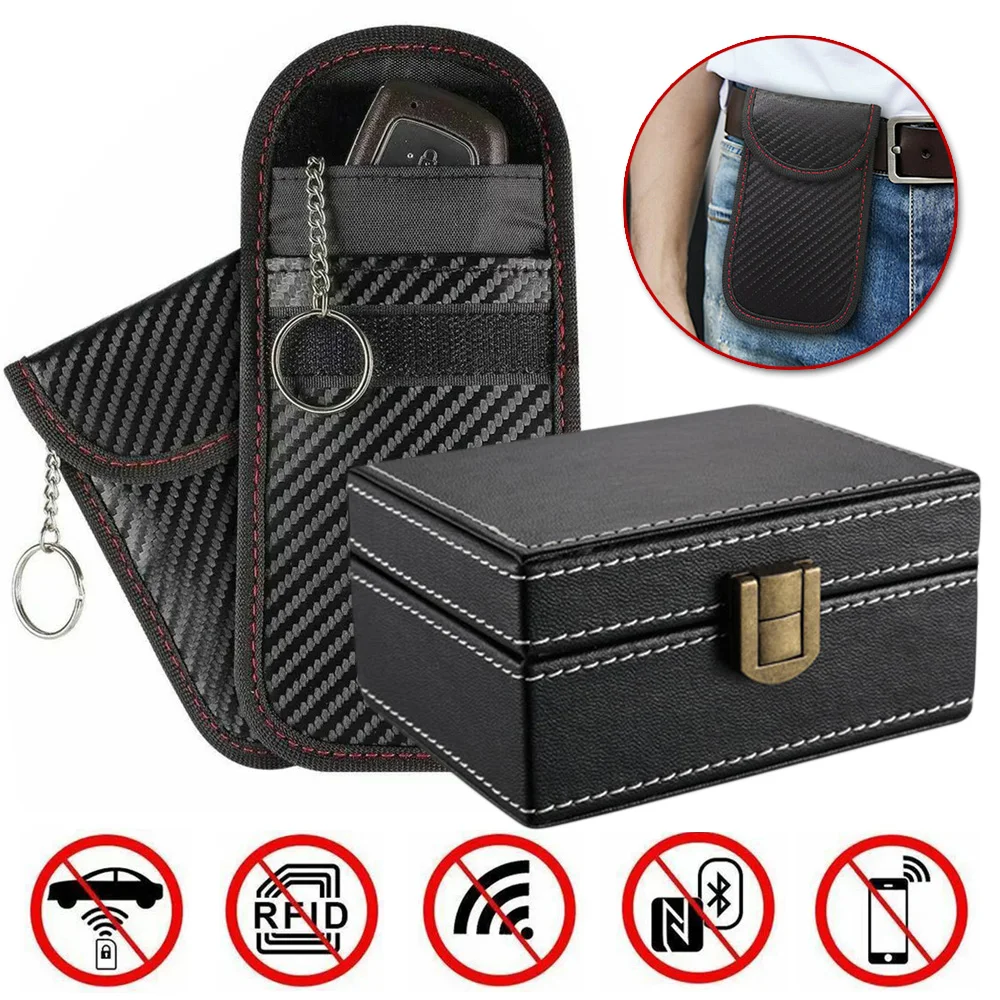 

3pcs/Set Car Key Signal Blocker Wooden Faraday Box PU Leather Signal Blocker Pouch RFID Security Anti Theft Key Bag Universal