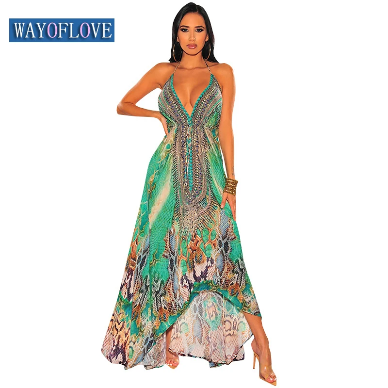 

WAYOFLOVE Woman Summer Holiday Long Dress Beach Casual Sexy Straps V Neck Snake Printed Vestids Party Loose Vintage Maix Dresses