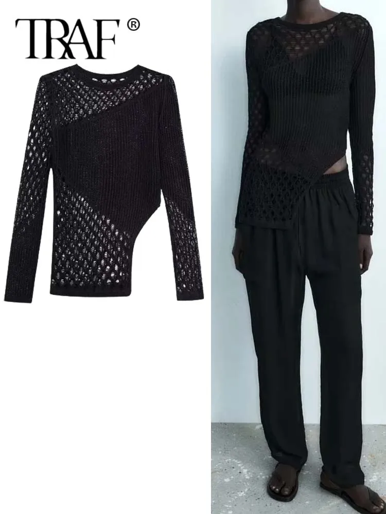 

TRAF 2023 Knitted Black Sweater Women Asymmetric Cutwork Crop Knit Sweater Pullovers With Round Neck Long Sleeve Woman Jumper