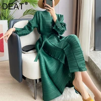 women maxi miyake pleated dress fungus sashes full sleeve v neck loose casual style elegant super long 2022 autumn fashion