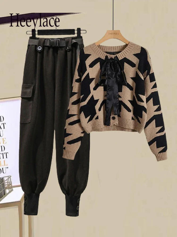 

Осенне-зимний спортивный костюм, женская уличная одежда, винтажный вязаный свитер с длинным рукавом и брюки-карго с высокой талией, комплекты из двух предметов