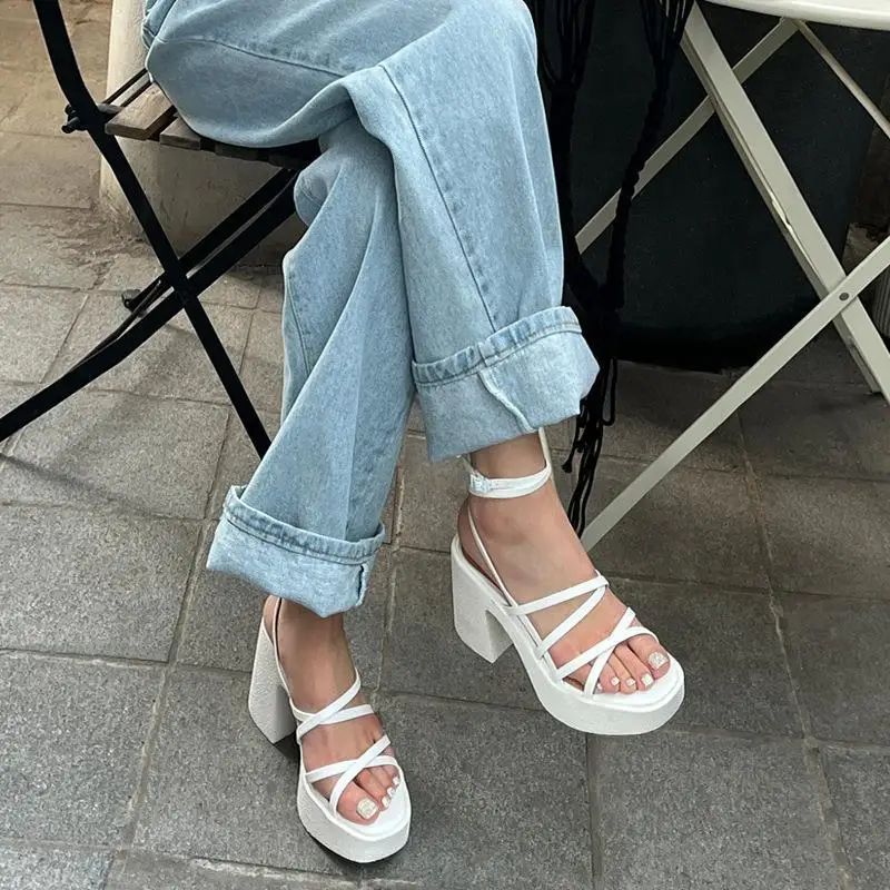 FAFA 2023 Summer New Thick With Sandals Female Thin Strap Waterproof Platform Open Toe High Heels Cross Strap Roman Shoes
