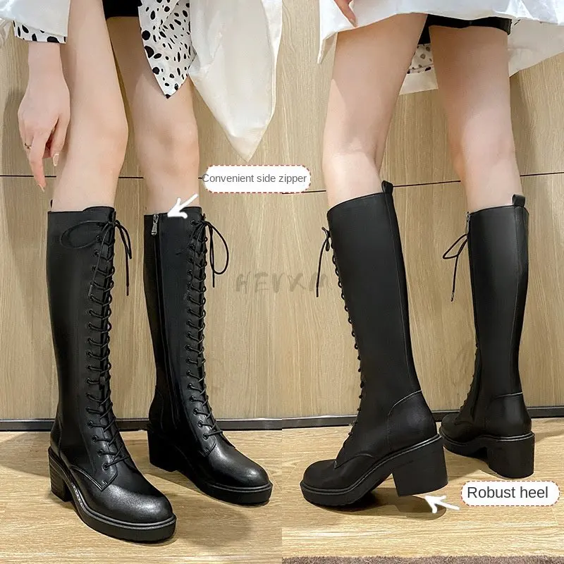 2023 New Thicken Winter Knight Boots Women Knee High Long Square Heel Boots Retro Thick Motorcycle Boots Black White Shoes
