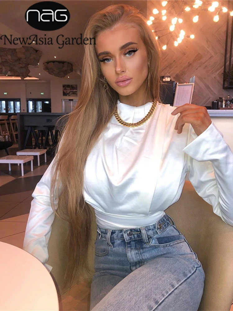 

NewAsia Silky Elegant Bodysuit Women High Neck Split Cuff Party Bodysuits Solid Sexy Playsuit 2020 Streetwear Outfits Club Body