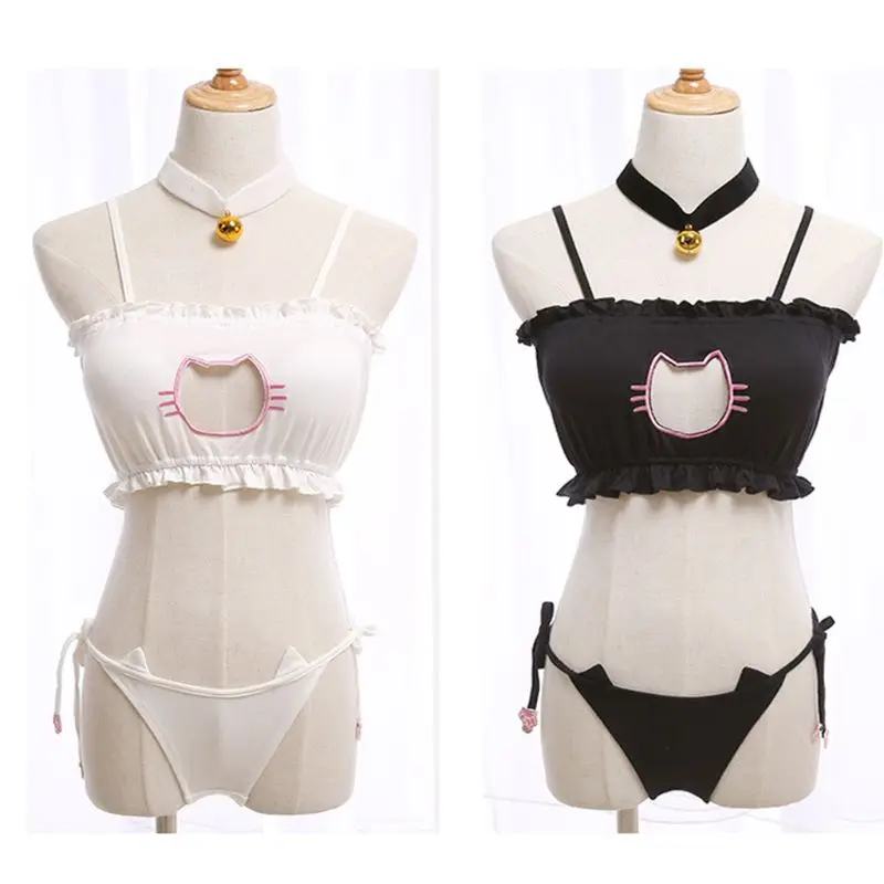 

Women Erotic Anime Cosplay Lingerie for Cat Kitten Embroidery Keyhole Hollow Bra Panty Choker Collar Underwear