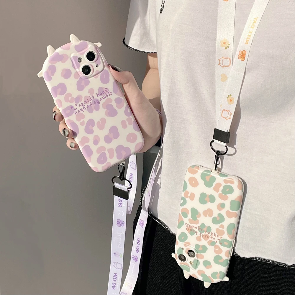 

With Lanyard Cute Cartoon Purple Milk Texture Glossy For iPhone 13 12 11 Pro Max Soft Case Mini iX XR XsMax Pink Girl Phone Case
