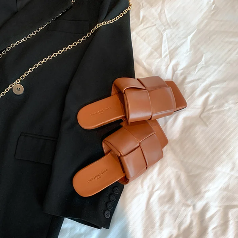 

Maxdutti 2023 Summer High Street Fashion Blogger Retro Mules French Square Toe Braided Genuine Leather Flat Slipper Sandals