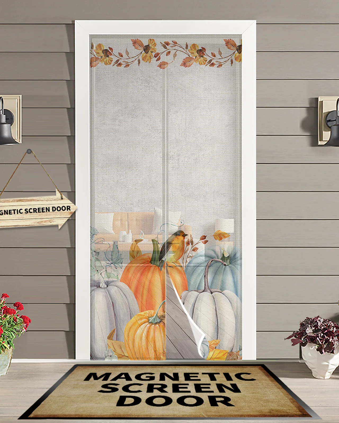

Thanksgiving Fall Pumpkin Maple Leaf Magnetic Door Curtain Mosquito Net Anti Mosquito Bug Curtain Home Door Window Screen Net
