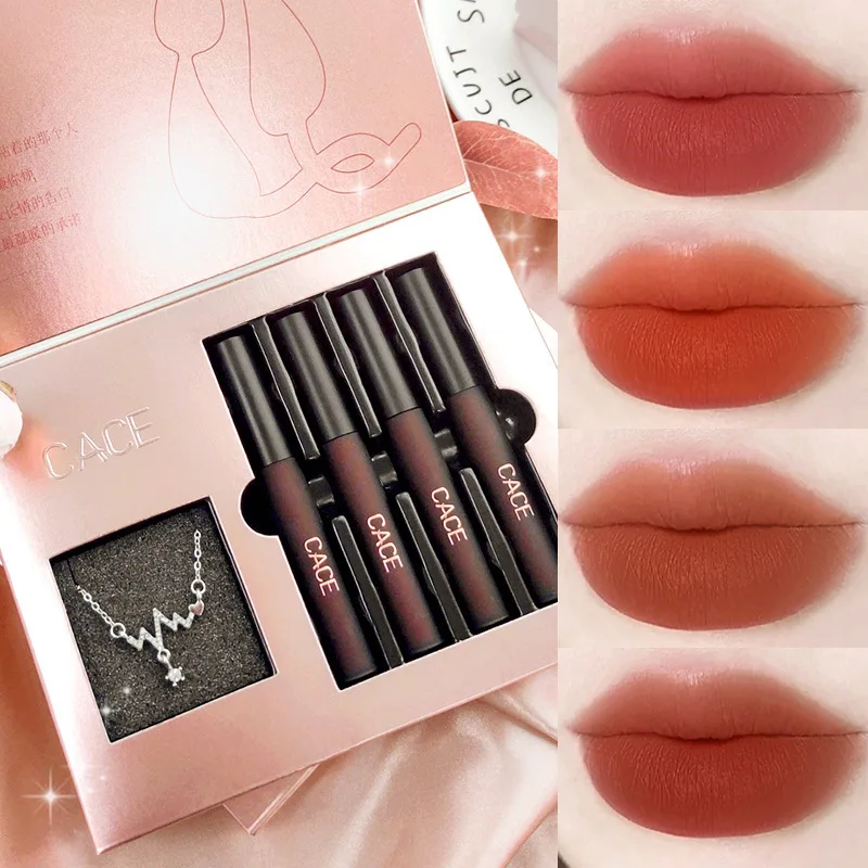 

4 Colors Lip Gloss Set Matte Red Tint for Lips Makeup Long Lasting Waterproof Lip Glaze Liquid Lipstick Kit Gift Box Cosmetic