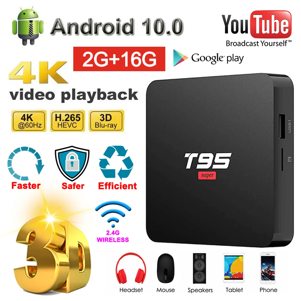 TV Box Android 2022 Android TV Box 10.0 OS 2GB 16GB 2.4G Wifi Android TV 4K 3D HD Smart TV Box Air Mouse Keyboard Controle PC
