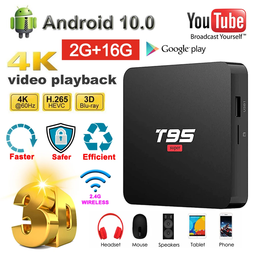 

ТВ-приставка T95 на Android 10,0, 2 + 16 ГБ, 2,4 ГГц, Wi-Fi, 4K, 3D, HD, 4 ядра