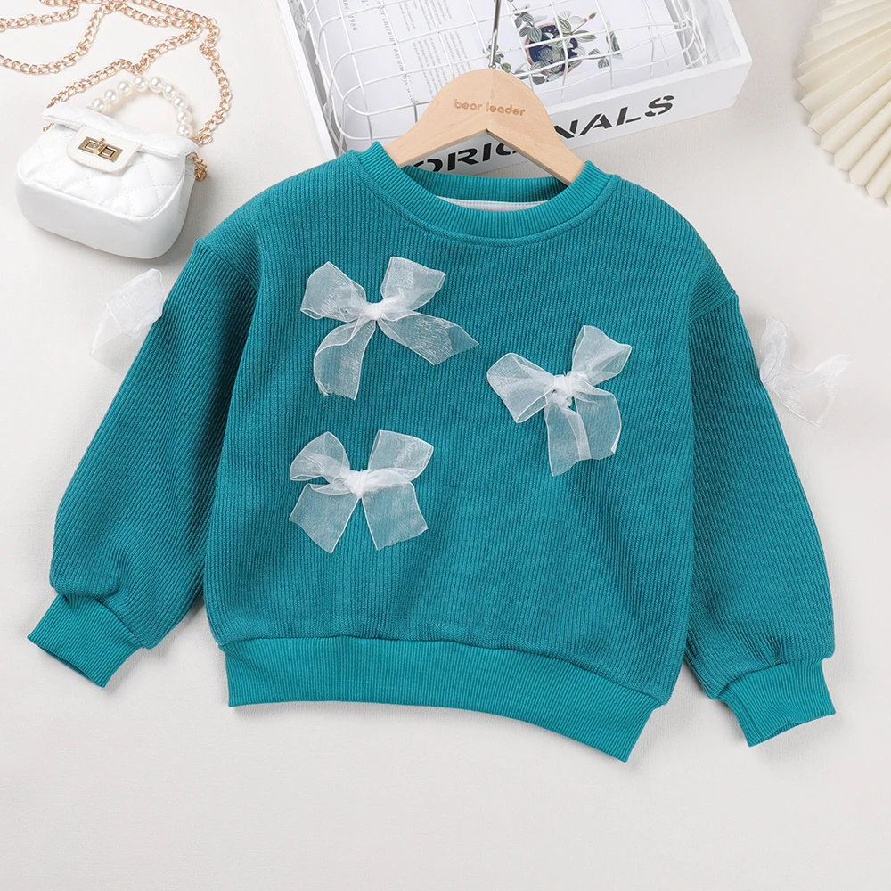 

Girls Top Bow Pullover Sports Sweater Round Neck Fashion Solid Color Cute Little Girl Coat Shopping Spring and Autumn Baby Coat