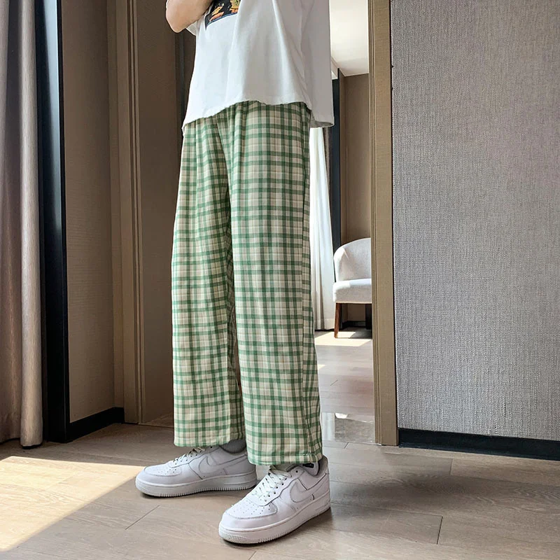 

Summer 4 Colors Thin Casual Pants Men Fashion Retro Plaid Pants Men Streetwear Loose Straight Wide Leg Pants Mens Trousers M-5XL