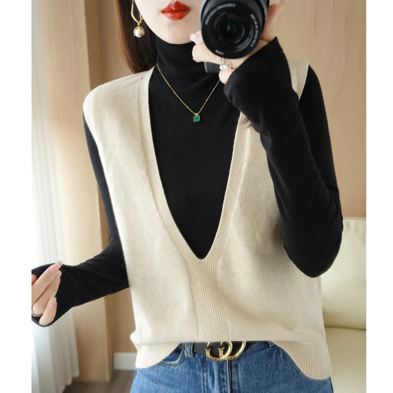 

V-Neck Loose Vest Women's Fashion Lazy Wind Sweater Vest Outside The Spring And Autumn With Sleeveless Knitted Overlapping Tops