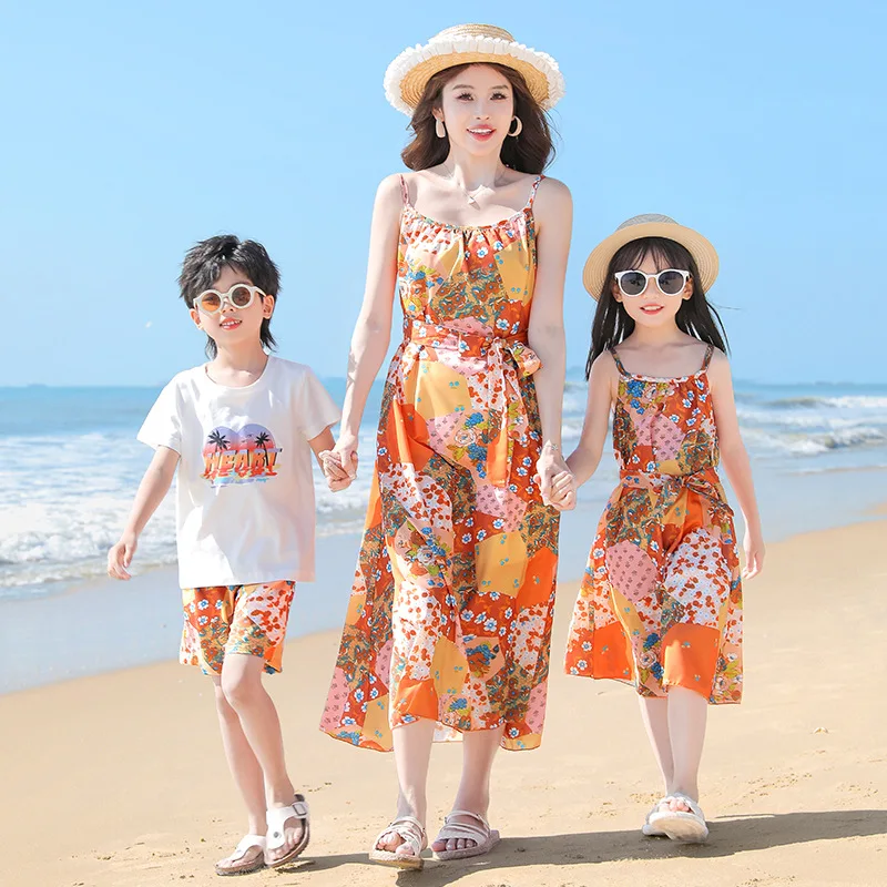 Одинаковые Семейные наряды летнее пляжное платье с цветочным рисунком хлопковая