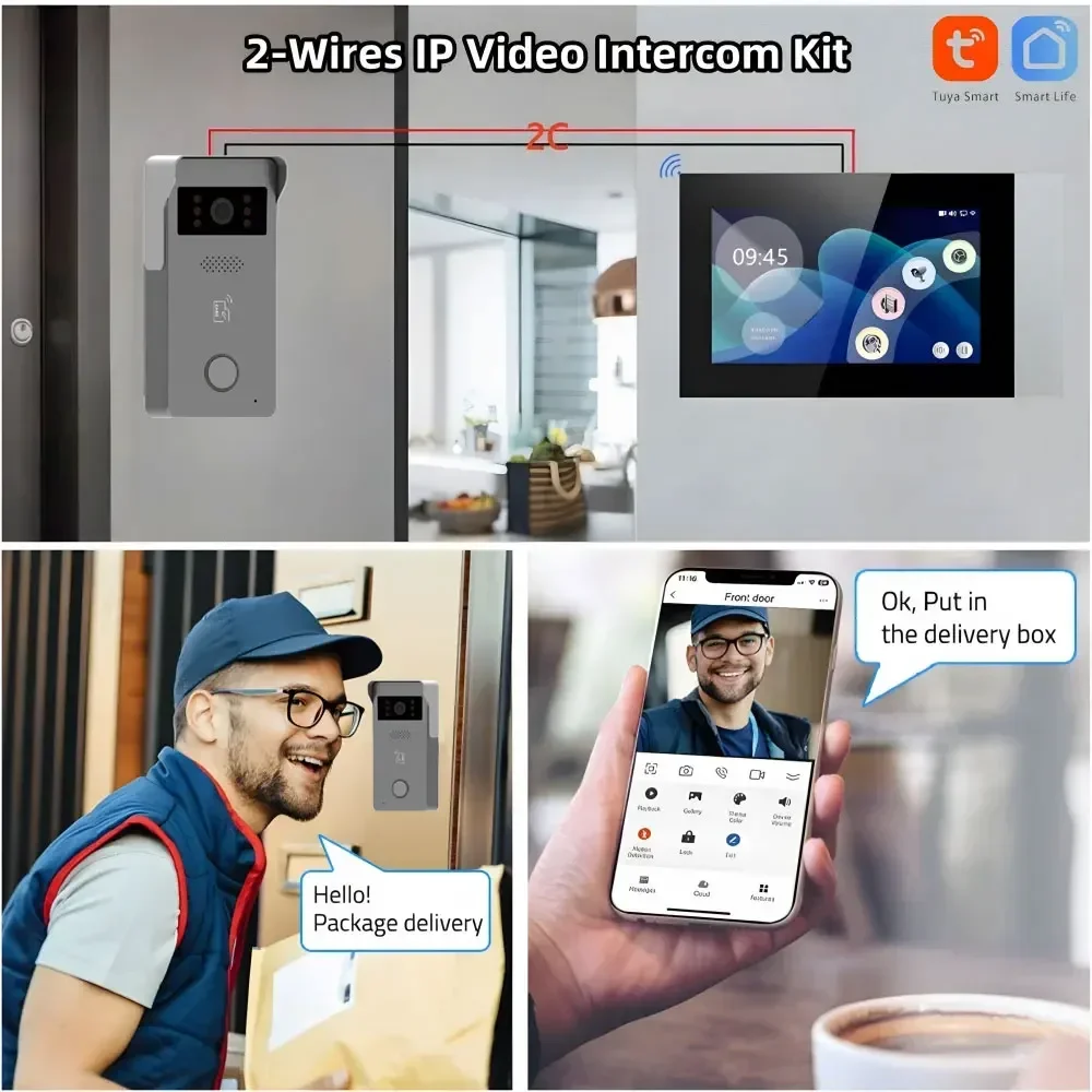 Фото 2 провода Tuya Wi-Fi видеодомофон видеодомофон умный дом 1080P 7 '' цветной сенсорный экран камера дверной звонок дверная система безопасности №2
