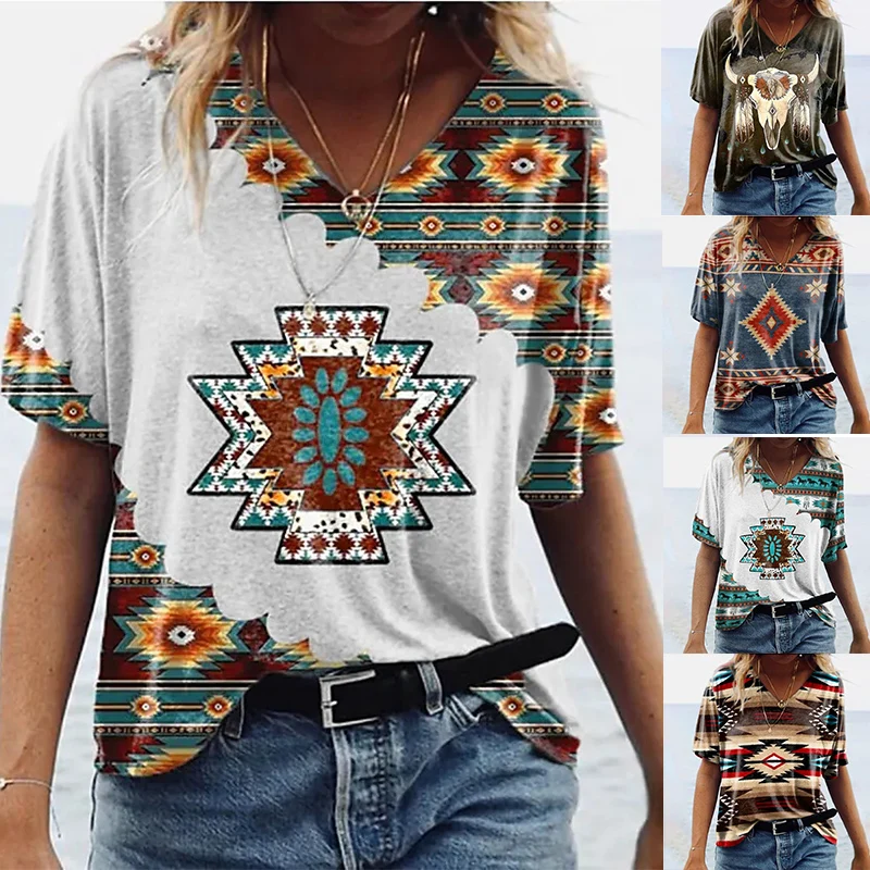 

Футболка женская с V-образным вырезом, базовый этнический топ с геометрическим принтом коровы, зеленый синий белый/3D принт, лето 2022