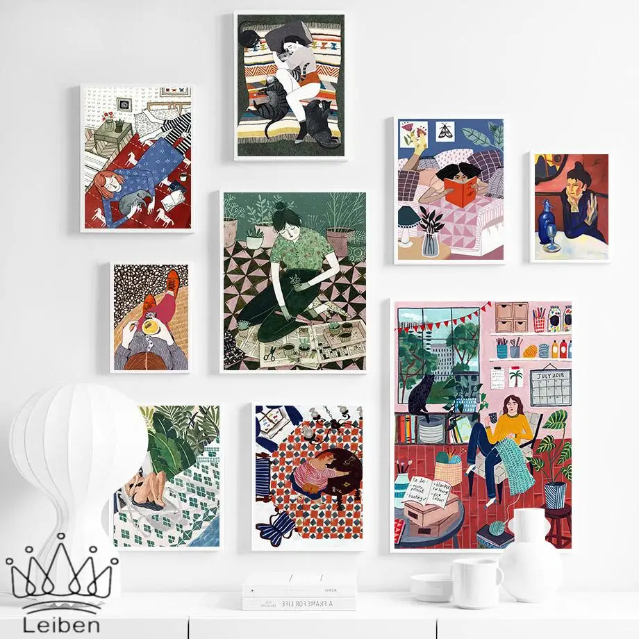 

Abstract Girl Daily Life Canvas Painting Nordic Black Cat Retro Picture Wall Art Posters and Prints Home Decor Girls Bedroom