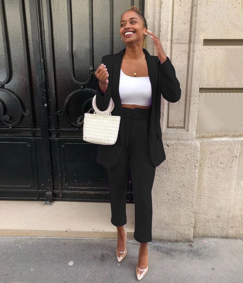 Casual Commute Cropped Pants Suits Solid Color Mid Length Blazer with Pocket Classic Office Blazer Suit Two Piece Set 2021 Women