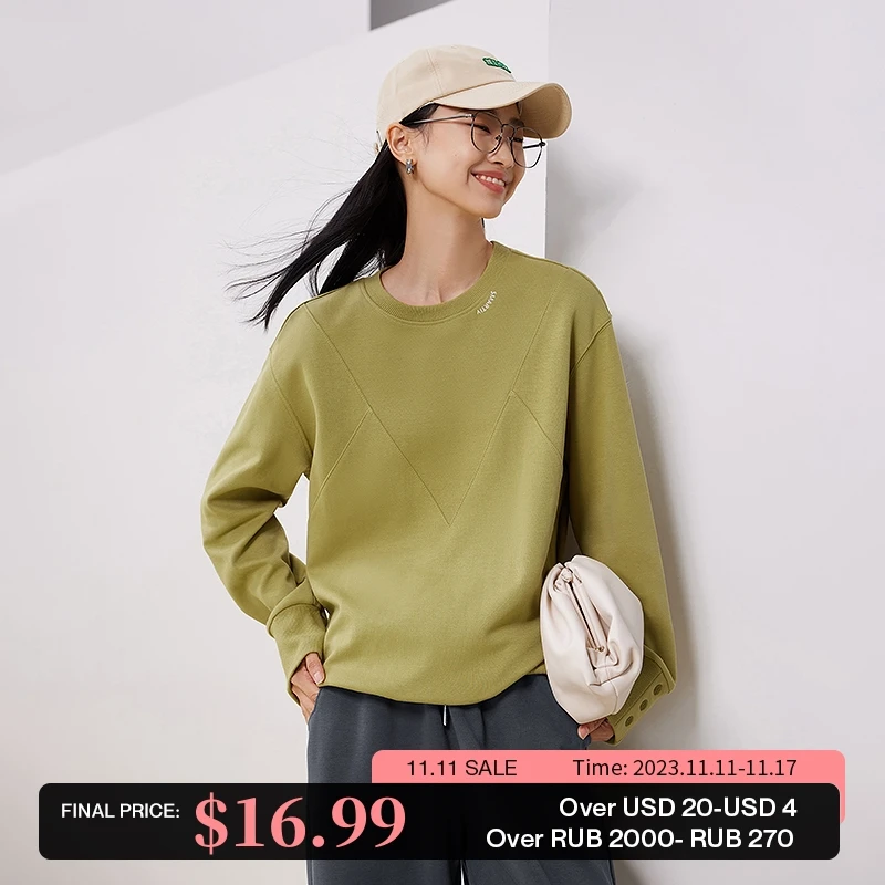 

Toyouth Women Sweatshirt 2023 Autumn Long Sleeve Round Neck Loose Hoodies Geometric Splicing Design Casual Khaki Green Pullover