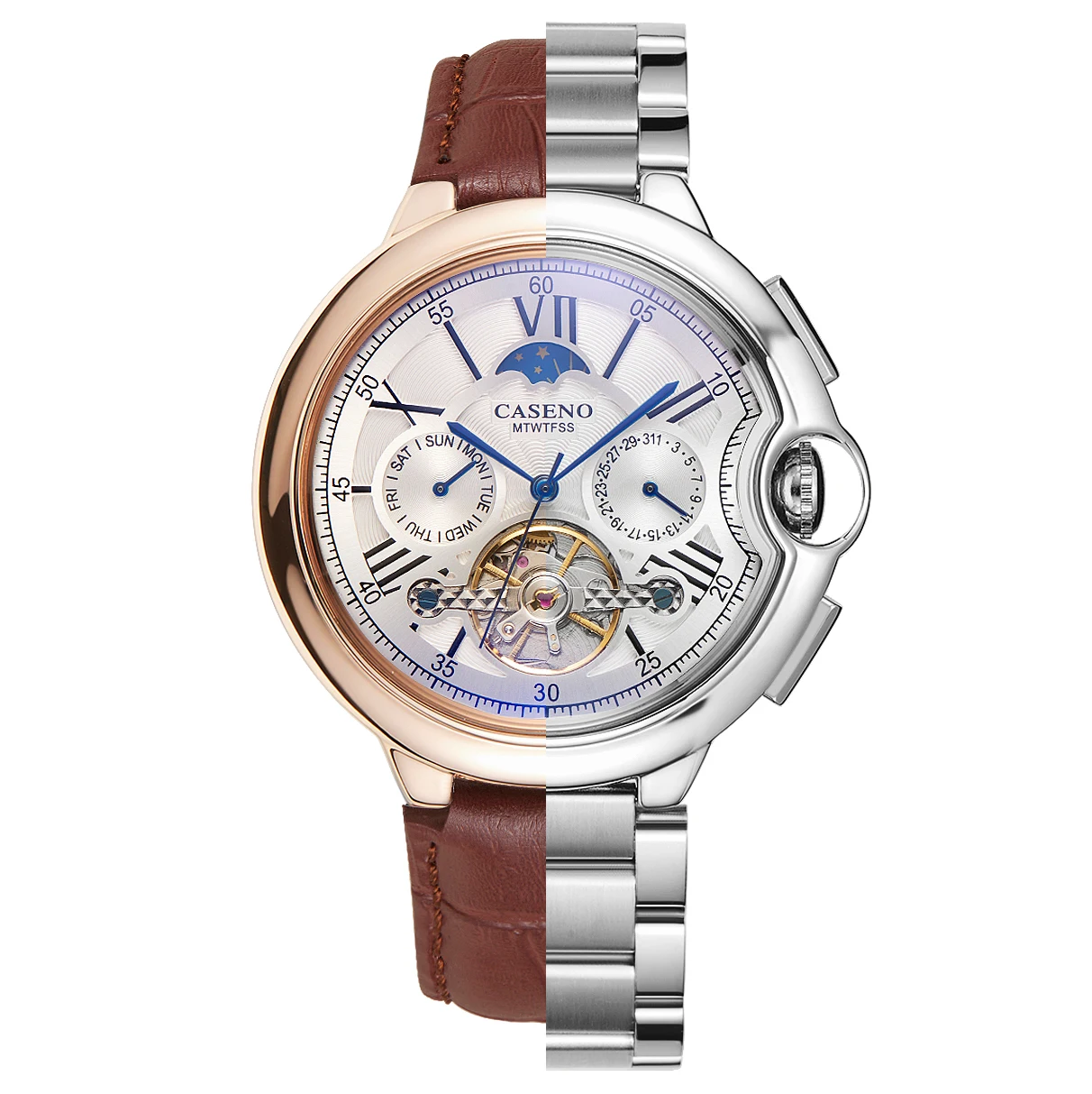 CASENO Tourbillon Automatic Mechanical Men Watch Wristwatch Stainless Steel Leather Strap Moon Phase Week Display Calendar enlarge