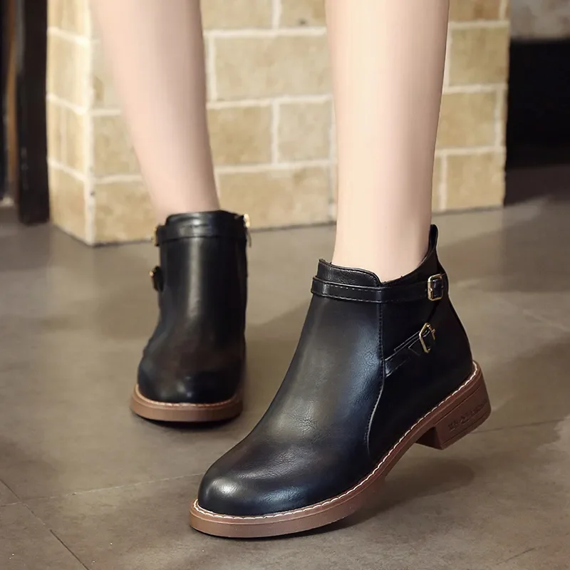 

2023 Women Ankle Boots Fashion Retro Woman Round Toe Ladies Shoes Low-heeled Belt Buckle Short Boot Zapatos De Mujer Shoes High
