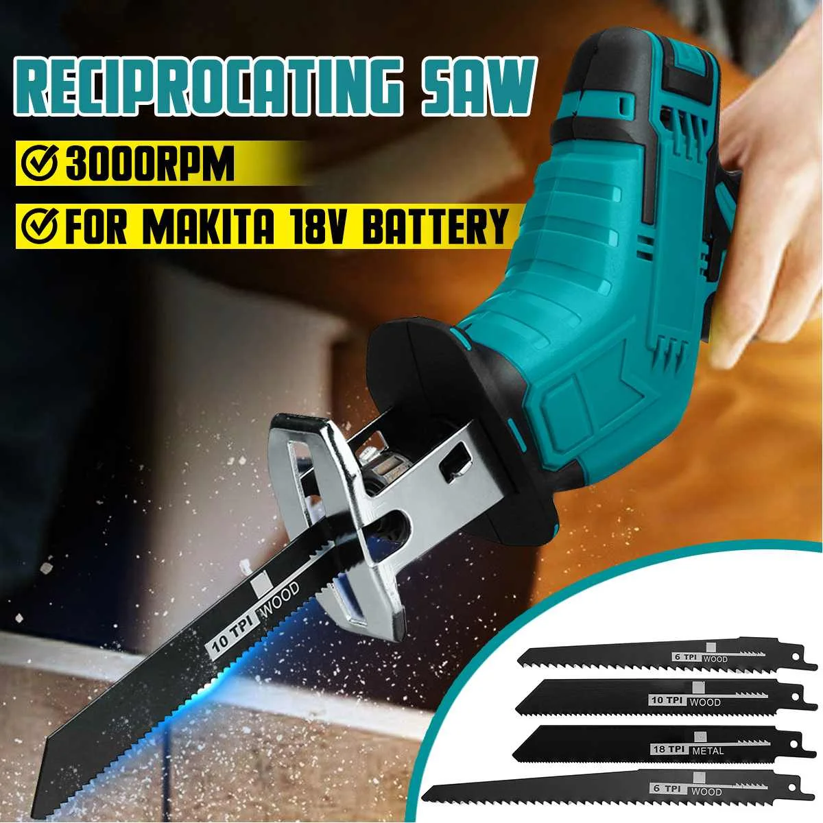 18V 3000rpm/min Cordless Reciprocating Saw with 4 Blades Metal Wood Cutting Machine Electric Saw for Makita 18V Battery