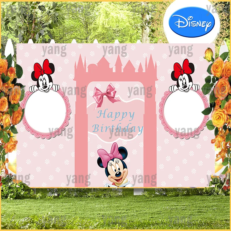 

Disney Cartoon Lovely Baby Mickey Minnie Mouse Bow Tie Pink Castle Backdrop Birthday Party Decoration Photography Background