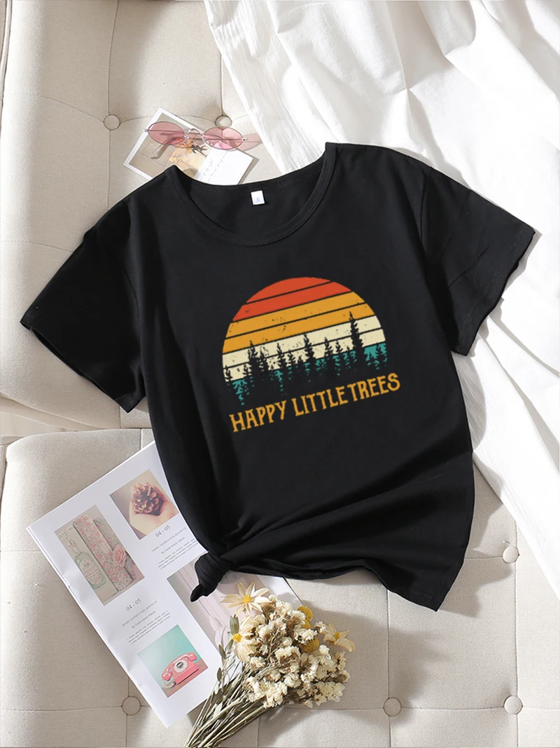 

HAPPY LITTLE TREES Women's -shir T Shirts Y2k Vintage Clothes Short Woman Female Clothing T-shirts Crop Tops Aesthetic Blouse
