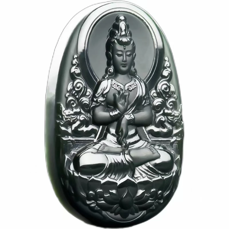 

Natural Hetian cyan Jade Carving Freehand Guanyin Pendant Jadeite Charm Necklace Exquisite Jewelry Men Women with Chain