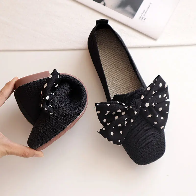 Red square toe flats woman slip on barefoot walking shoes 42 women polka dots bowknot loafers ladies knitted stretch moccasins