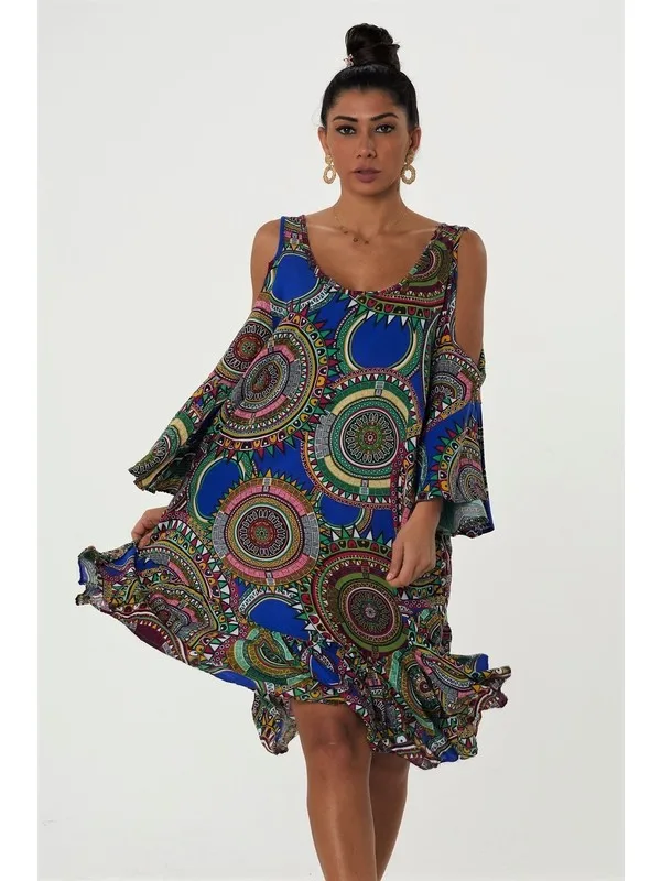 

Women Saks Blue Shoulders Windowed Mandala Pattern Handles Flounces Temporary Shed Dress Women Summer Dress Casual Long Prom M
