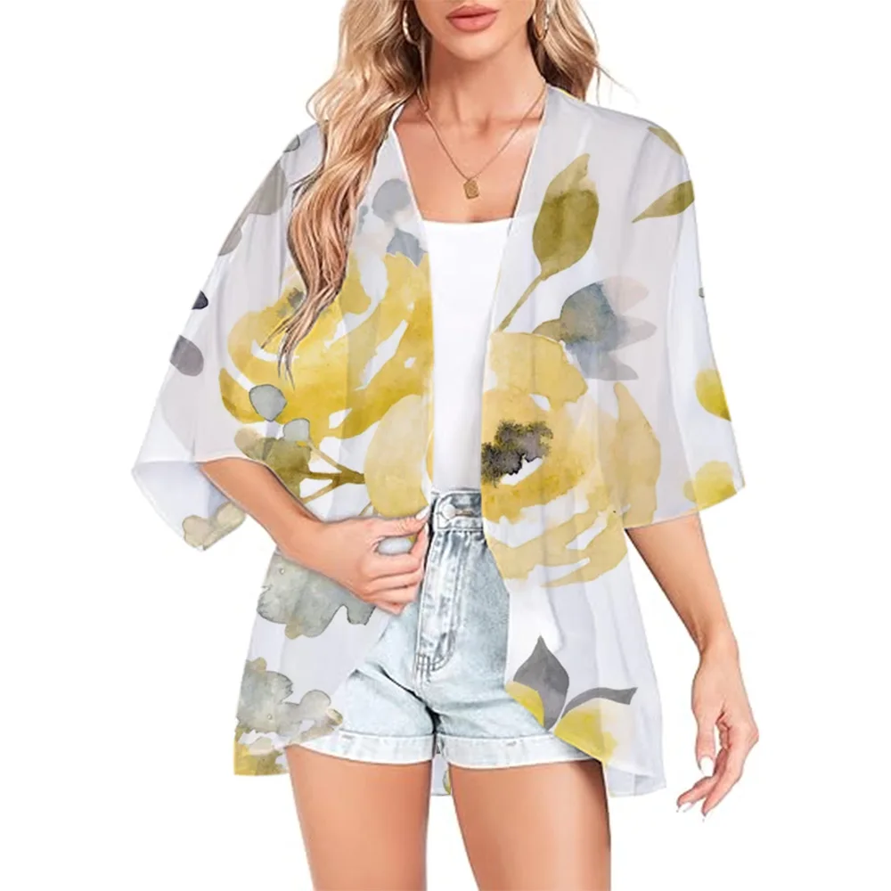 Женское летнее короткое кимоно с акварельной розой и 3D принтом кардиган в стиле