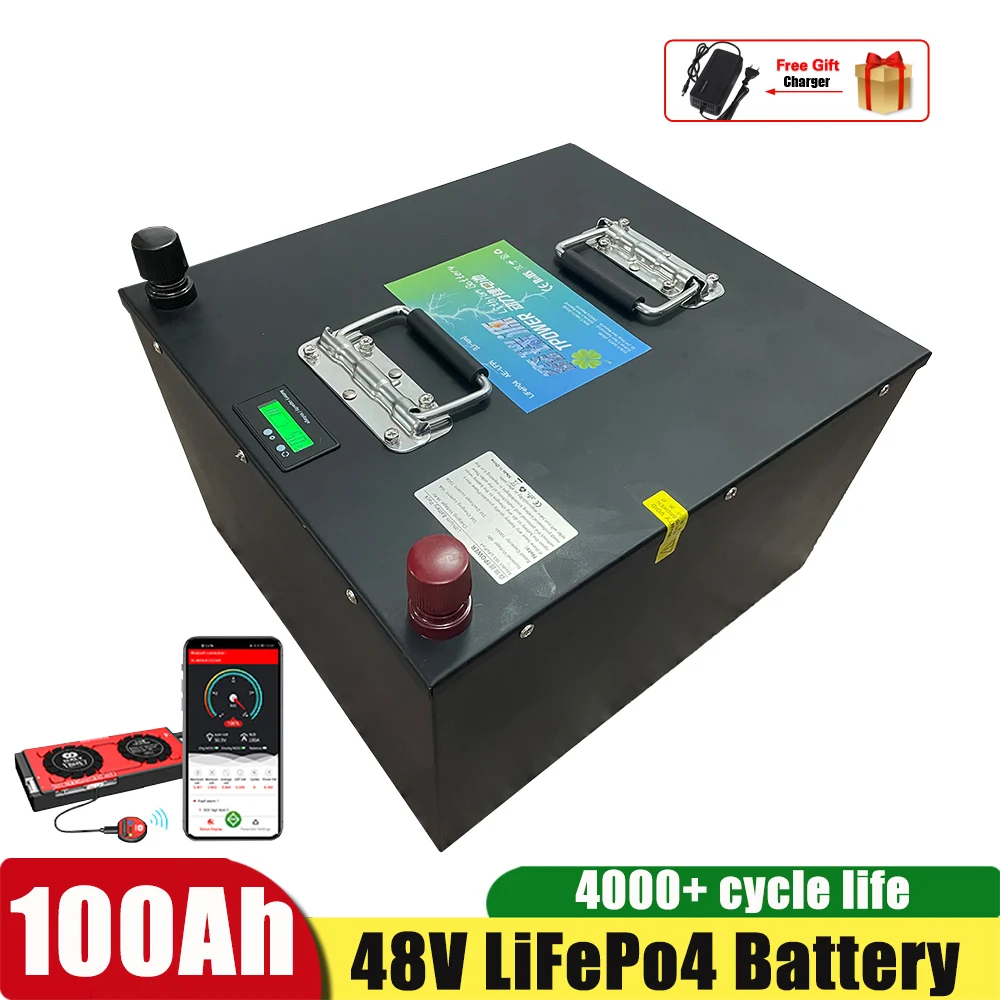 Batería de litio Lifepo4 de 48V y 100Ah, fosfato de hierro y litio con BMS para patinete, bicicleta, carrito de Golf, RV + cargador de 10A, 6000W y 4000W