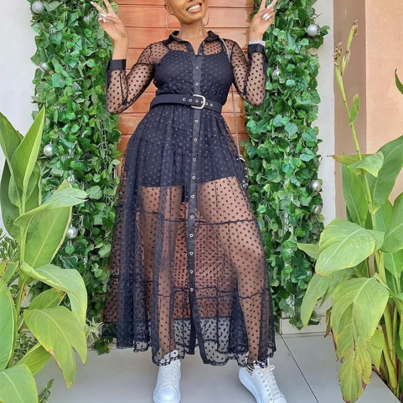 

Black Long Mesh Shirt Dress Women Polka Dot See Through Transparent Tulle African Indie New Fashion Spring Robes Tunic Plus Size