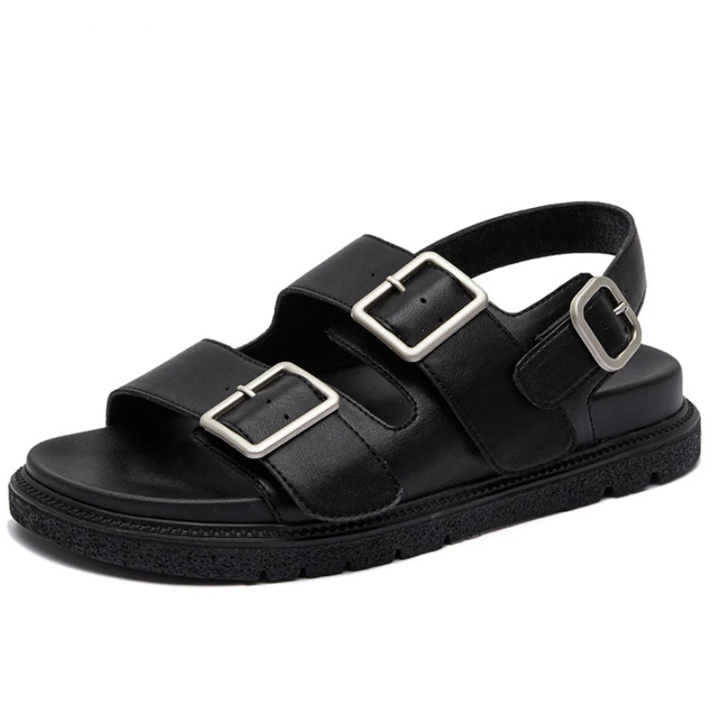 

Women Genuine Leather Retro Sandals 2022 Summer New Flat Buckle Strap Slides Outdoor Soft Thick-Soled Roman Beach Casual Shoes