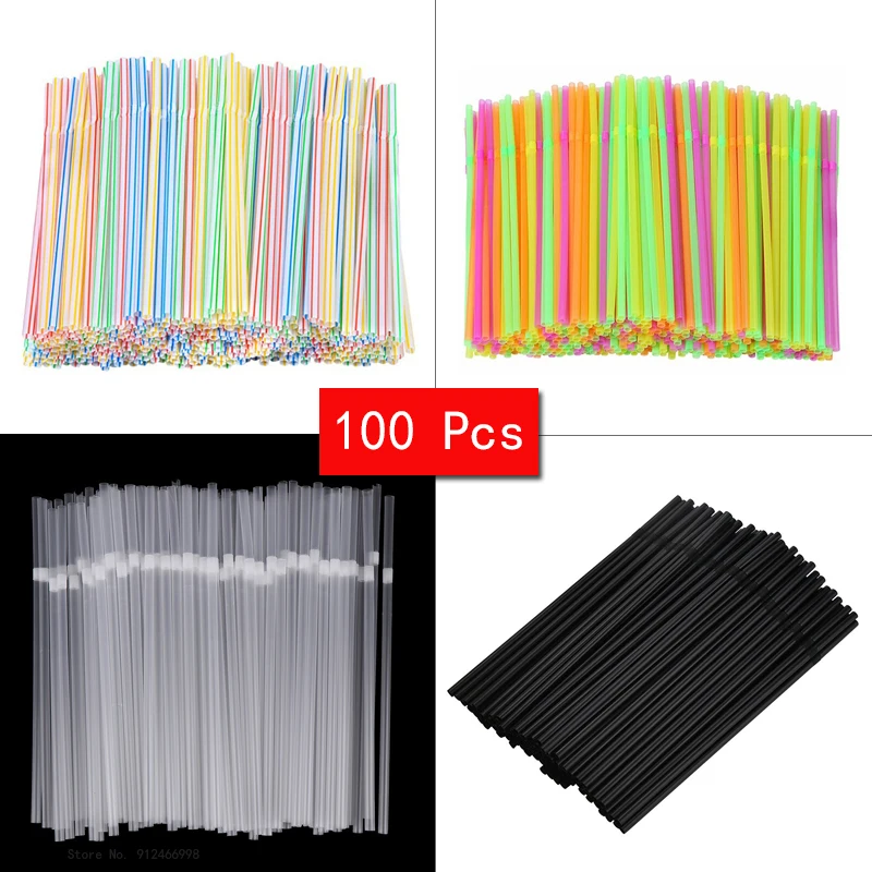 

100 Pcs 4 Color Flexible Plastic Straws Drinking for Kitchen Juice Cocktail Disposable Straw Drink Party Supplies 21cm Long