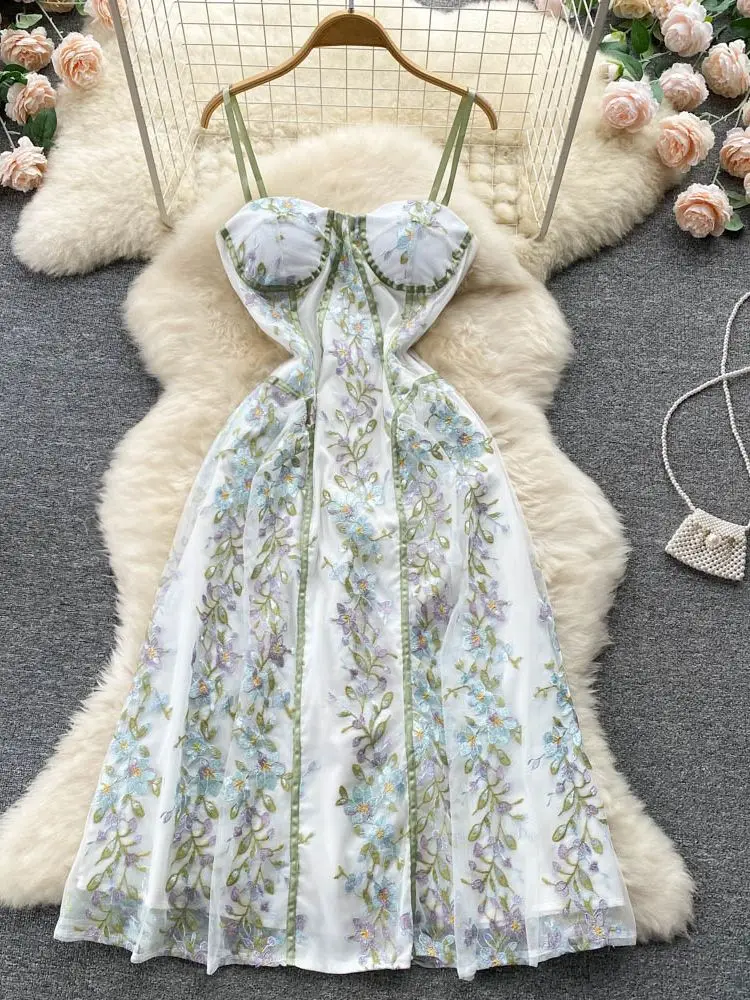 

Banulin Summer New Runway Vintage Spaghetti Strap Dress Women's Sleevelss Flowers Mesh Embroidery Slim Party Vestidos N8681